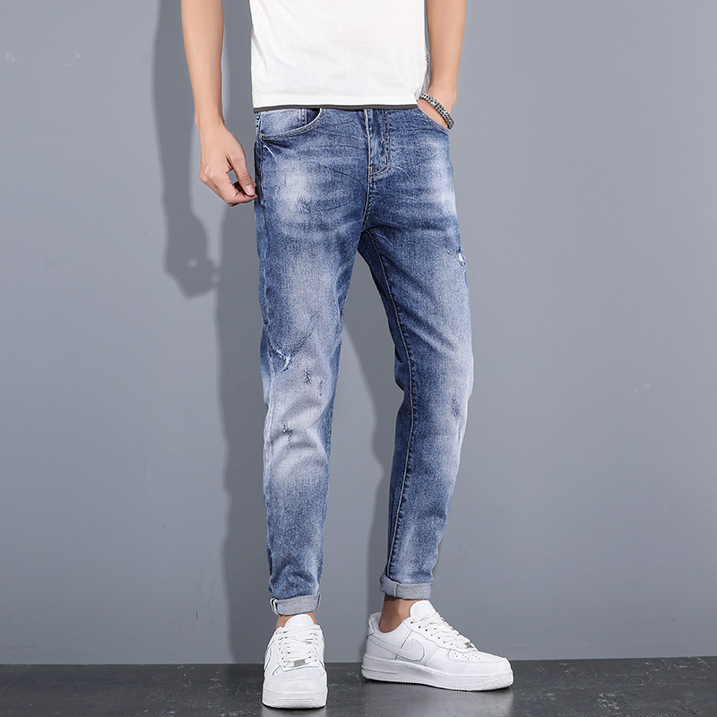 韩版修身小脚裤男春夏新款水洗牛仔长裤男式小破洞潮流韩版牛仔裤|ru
