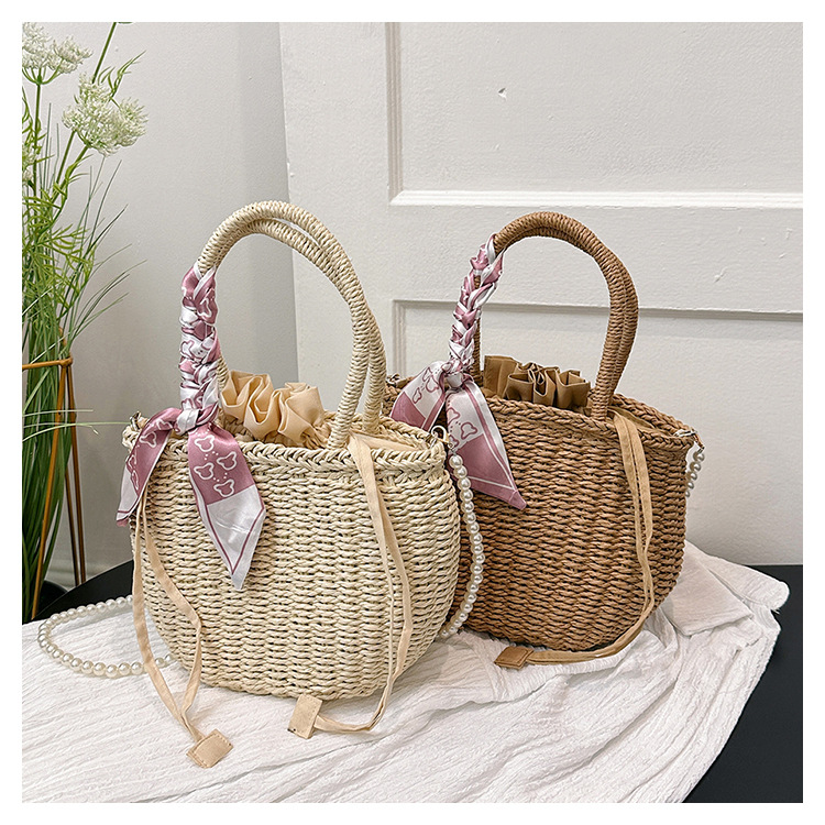 Women's Medium Straw Solid Color Flower Vacation Beach Beading Weave Square String Straw Bag display picture 18