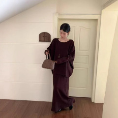 欧美秋冬新款针织套装女慵懒百搭蝙蝠袖宽松大码毛衣外套+半身裙
