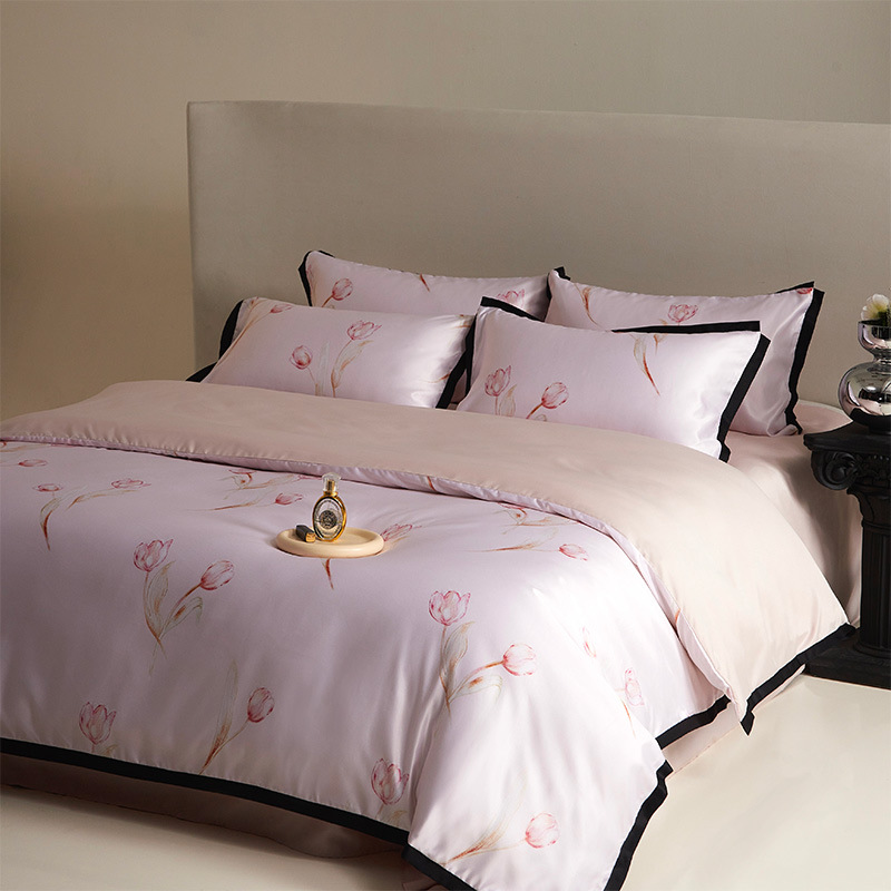 Juego de seda de hielo de cuatro piezas de verano sedoso desnudo edredón ligero de lujo de alta calidad ropa de cama lavada juego de tres piezas de cama