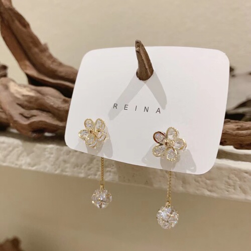 Korea Dongdaemun S925 silver needle micro-paved zircon flower earrings detachable two-wear chain crystal ball crystal flower