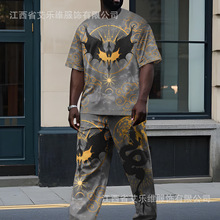 跨境男士圆领T恤长裤套装3D数码印花美国炫酷街头风格热卖运动套