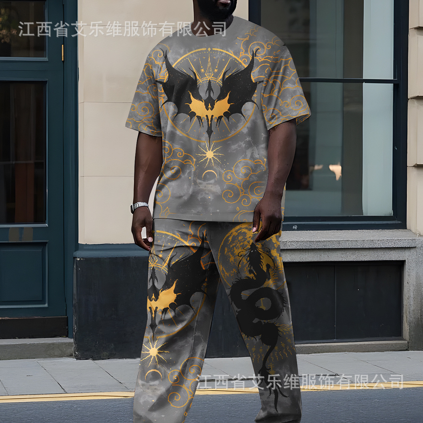 跨境男士圆领T恤长裤套装3D数码印花美国炫酷街头风格热卖运动套