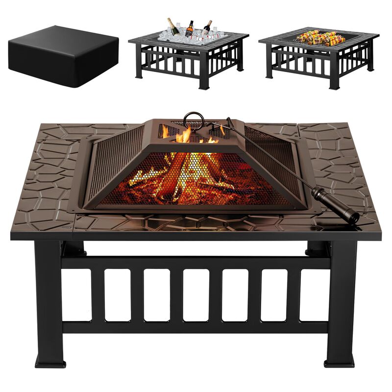 Outdoor Garden Patio Fire Pit Table with Waterproof Cover, Suitable for Outdoor Patio Camping, Barbecue, and Heating