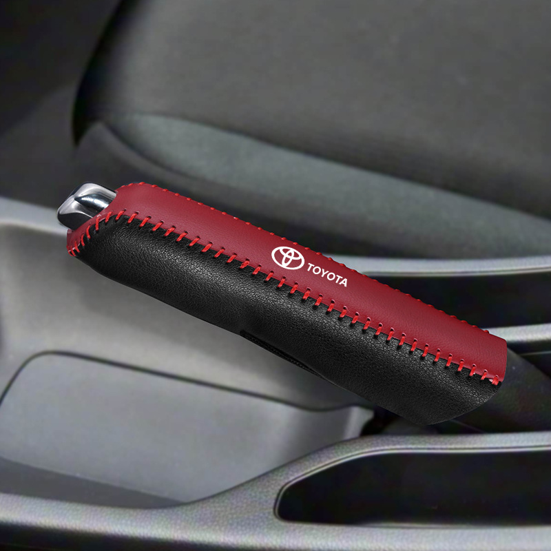 Toyota Leather Handbrake Cover for Toyota Corolla Hilux Yaris RAV4 Vios (Sürətlər qutusu və əl tormozu başlıqları) - toyota-handbrake-cover-red-stitching