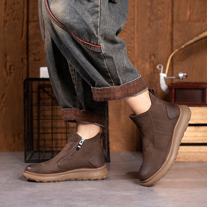 First-Layer Cowhide Boots for Women, Thick-Soled Genuine Leather Short Boots, Fleece-Lined Warm Chelsea Boots, Autumn and Winter New Women's Boots