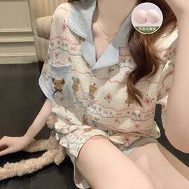 带胸垫睡衣女款2026新款夏季纯棉卡通可爱小熊短袖短裤家居服套装