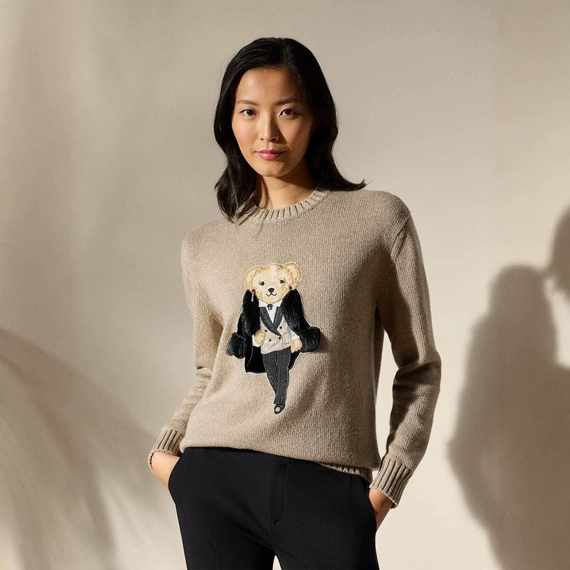 Scan the Qr Code for Rl Cross-Border High-Quality Heavy-Duty Cartoon Embroidery Socialite Dress Bear Cashmere Wool Autumn and Winter Sweater for Women
