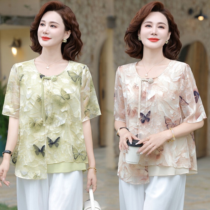 Mother's Day Mom's Clothes Summer Clothes 2025 New Style Wide Lady's Noble Shirt Middle-Aged Women's Printed T-Shirt Mother's Day Mom's Clothes Summer Clothes 2025 New Style Wide Lady's Noble Shirt Middle-Aged Women's Printed T-Shirt