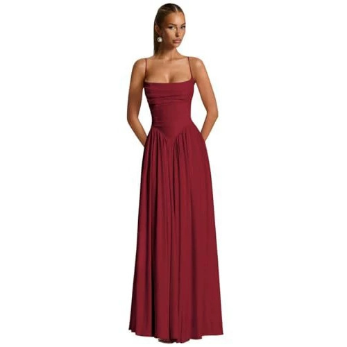 Evening dress with straps, square neckline, ruched bodice, draped skirt, long burgundy gown for bridesmaids and banquets, wholesale for women