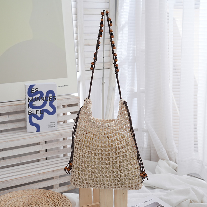 Women's Waxed Rope Hollow Woven Beach Tote Bag - Large Capacity Summer Shoulder & Underarm Bag - Thumbnail 4