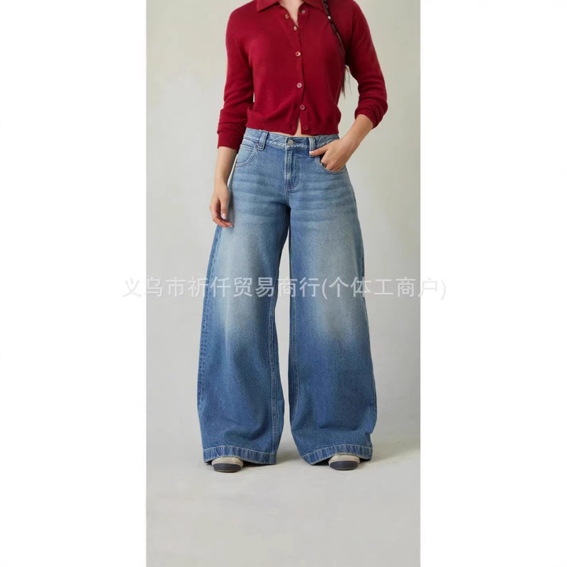 Tiktok Hot-Selling Trendy Brand Pacsun Women's Low-Waist Ultra-Loose Jeans in Medium Blue, Fashionable, Casual, and Versatile Tiktok Hot-Selling Trendy Brand Pacsun Women's Low-Waist Ultra-Loose Jeans in Medium Blue, Fashionable, Casual, and Versatile