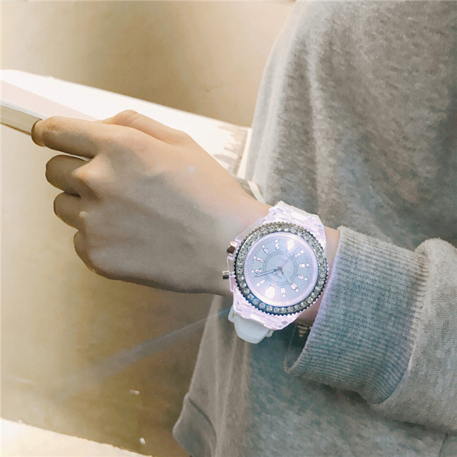Luminous luminous personality rhinestone led Harajuku Korean fashion trend men and women students couple jelly quartz watch_voghion.com