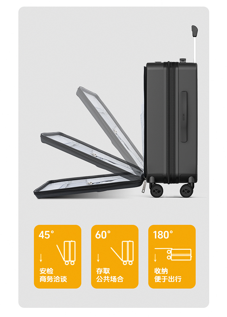 Vali nhựa PC 20 inch mở nắp trước, bánh xe êm, đa năng cho doanh nhân — Cửa trước 20 inch có cổng sạc và lớp mở rộng màu đen chi tiết 7