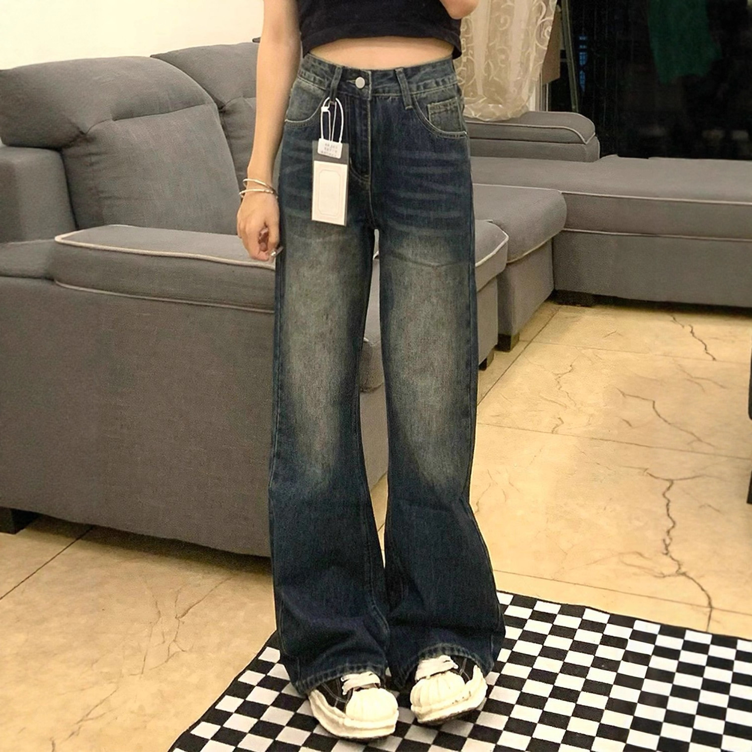 [Han Niu] Micro-Flared Jeans for Women, Straight-Leg 2025 New Style Micro-Flared Pants, High-Waisted Slimming Look Pants for Small People