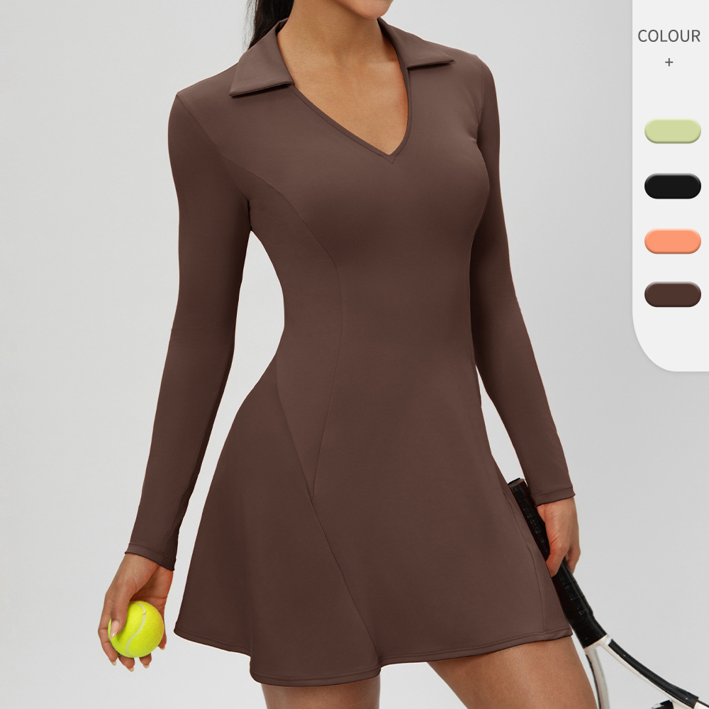 Autumn European and American Long-Sleeved Lapel Tennis Skirt Quick-Drying Waist Slimming Look Sexy V Neck Sports Casual Dress 52568