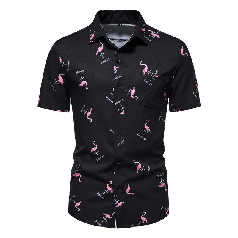 Casual Men's Printed Shirt Men's Fashion Business Beach Short Sleeve Shirt Flamingo Flower Elastic Draped Black Casual Men's Printed Shirt Men's Fashion Business Beach Short Sleeve Shirt Flamingo Flower Elastic Draped Black