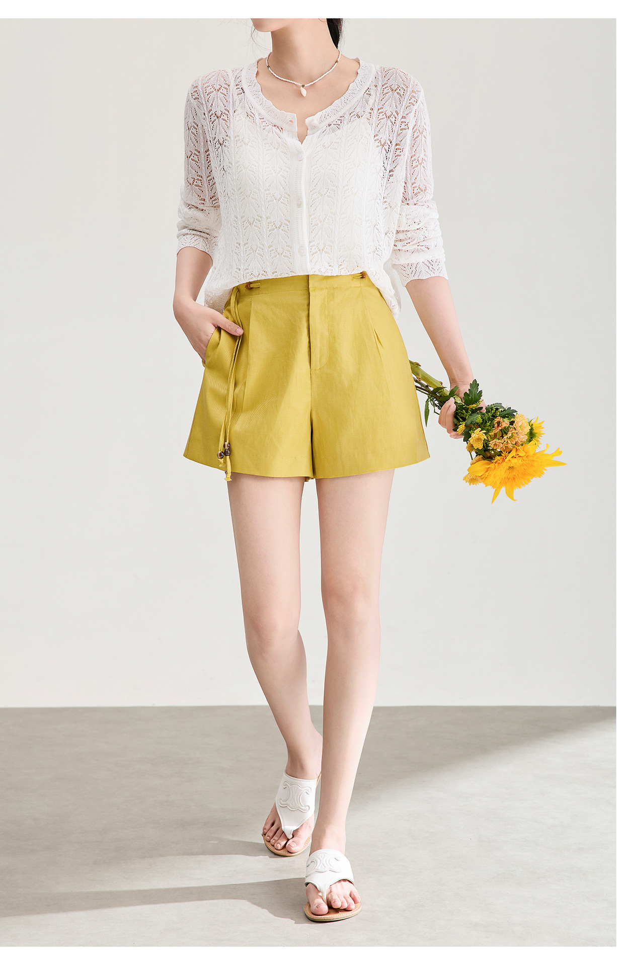 Quần short nữ cạp cao dây buộc phong cách quốc phong rộng thùng thình đính cườm — Xanh lông mòng đen chi tiết 14