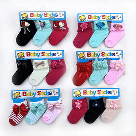 新生儿外贸袜子女童蝴蝶结粘花袜纯色女童袜贴花袜0-6个月婴儿袜