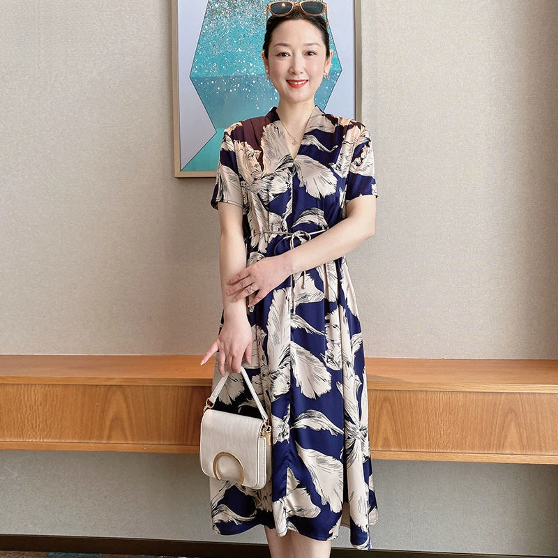 Новое летнее платье для мам, женское шифоновое платье выше колена с короткими рукавами для женщин среднего и пожилого возраста, закрывающее живот, стройнящее и модное.