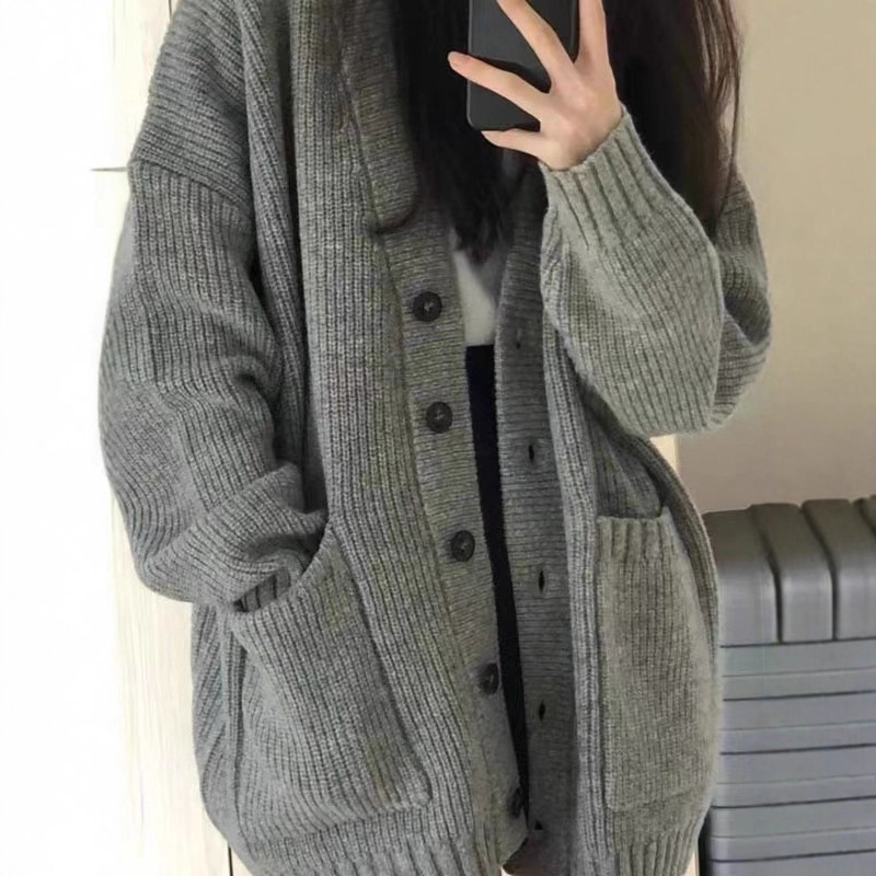 Gray Mid-Length Sweater Coat for Women, Suitable for Spring, Autumn, and Winter, Japanese-Style Lazy Retro Soft Knit Cardigan
