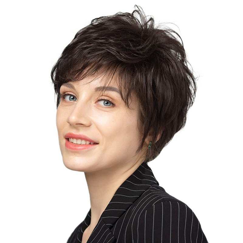 Cross-Border Foreign Trade Wigs European and American Fashion Women's Short Hair Dark Brown Short Straight Hair Fluffy Synthetic Fiber Wig Set