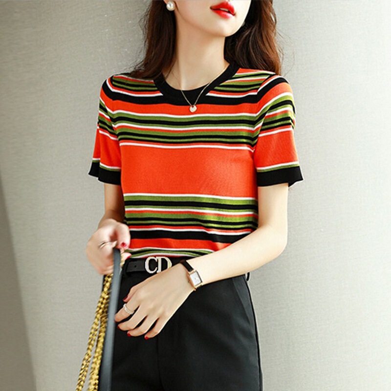 Summer 2022 Color-matching Color-matching Striped Ice Silk Knitted Sweater Short-sleeved T-shirt Women's Thin Top Knitted Sweater for Women
