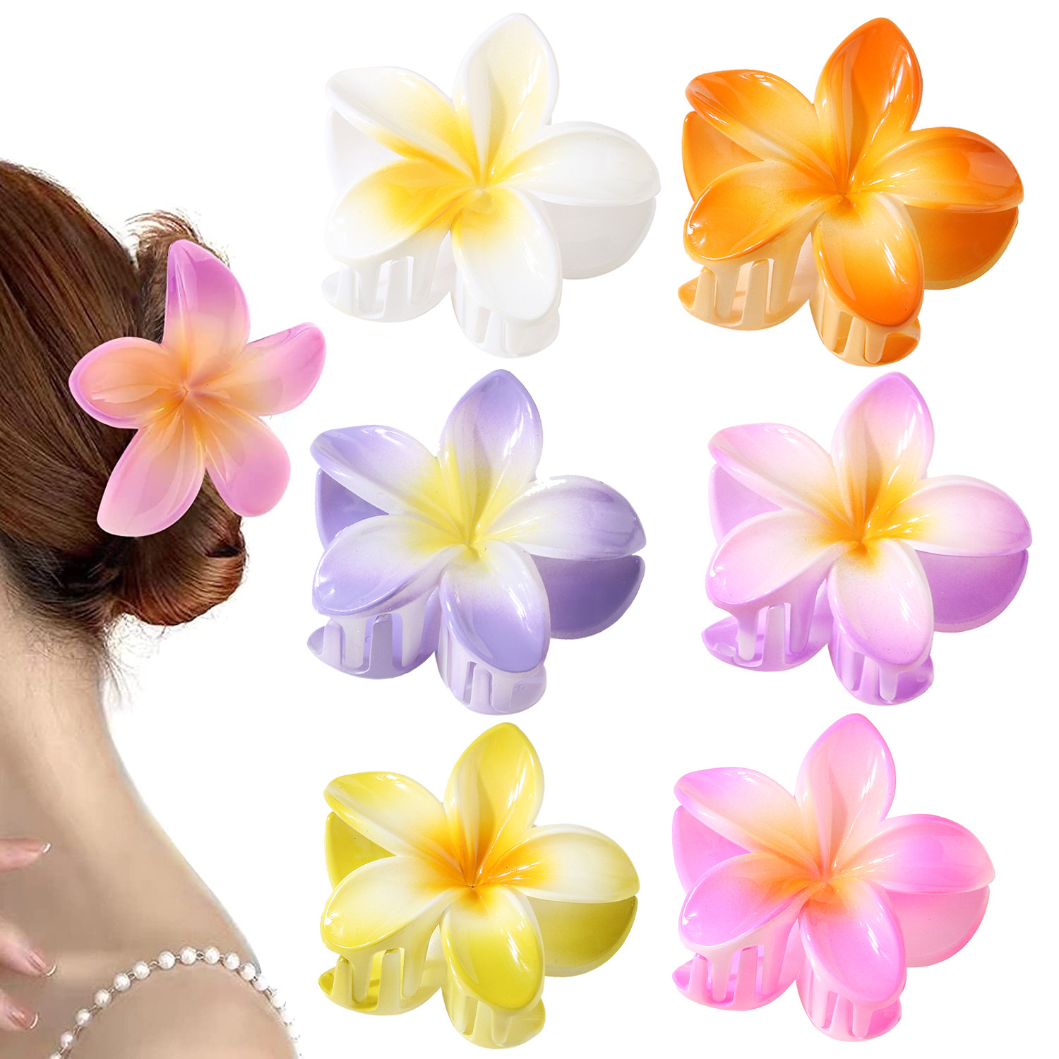 Accessori per capelli da donna, accessori per abbigliamento, fermaglio per capelli a forma di fiore con sfumatura di colore, fermaglio per capelli a forma di squalo, fermaglio per capelli a forma di plumeria, per vacanze al mare_voghion.com