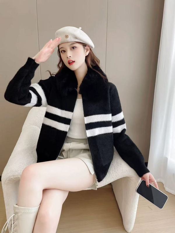 秋冬时尚撞色条纹棒球领拉链开衫毛衣女时尚通勤长袖针织衫外套|undefined