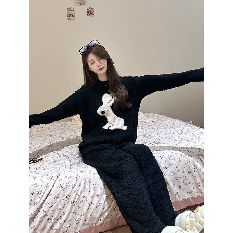 【现货】ins软糯半边绒睡衣女冬季2025保暖针织衫长裤家居服套装潮|undefined
