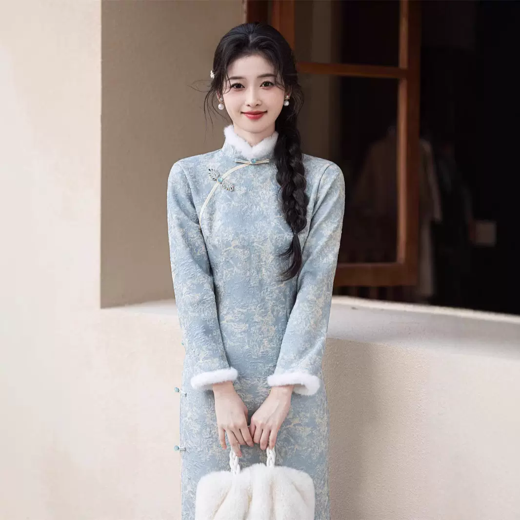 2024冬季新款提花复合超柔加毛加厚长款旗袍改良版中国风修身旗袍