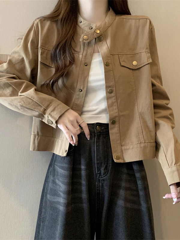 大码胖mm美式立领夹克外套女春秋2025新款爆款工装风正肩短款上衣|undefined