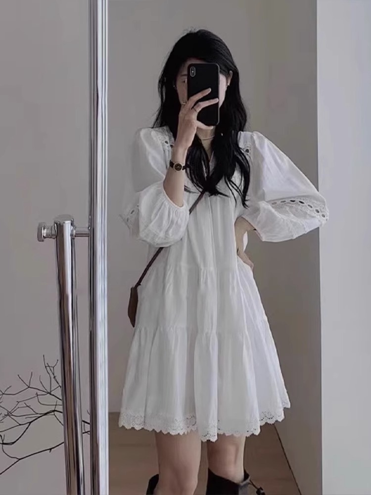Đầm suông midi tay bồng cổ sơ mi trắng phong cách Pháp — trắng