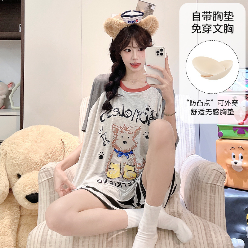 Short-Sleeved Shorts Modal Pajamas for Women Summer Sweet Cartoon Style with Chest Pads 2026 New Cool-Feeling Home Wear Set Short-Sleeved Shorts Modal Pajamas for Women Summer Sweet Cartoon Style with Chest Pads 2026 New Cool-Feeling Home Wear Set