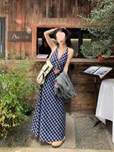 大码法式复古挂脖连衣裙女春季感垂感裙子胖MM遮肚显瘦A字裙