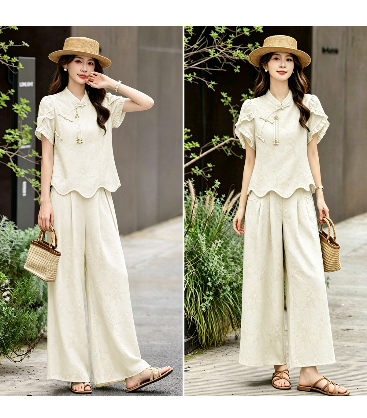 Bộ áo sơ mi họa tiết jacquard kết hợp quần ống rộng cạp thun hai mảnh thời trang — Vàng kem, xanh lá cây chi tiết 20
