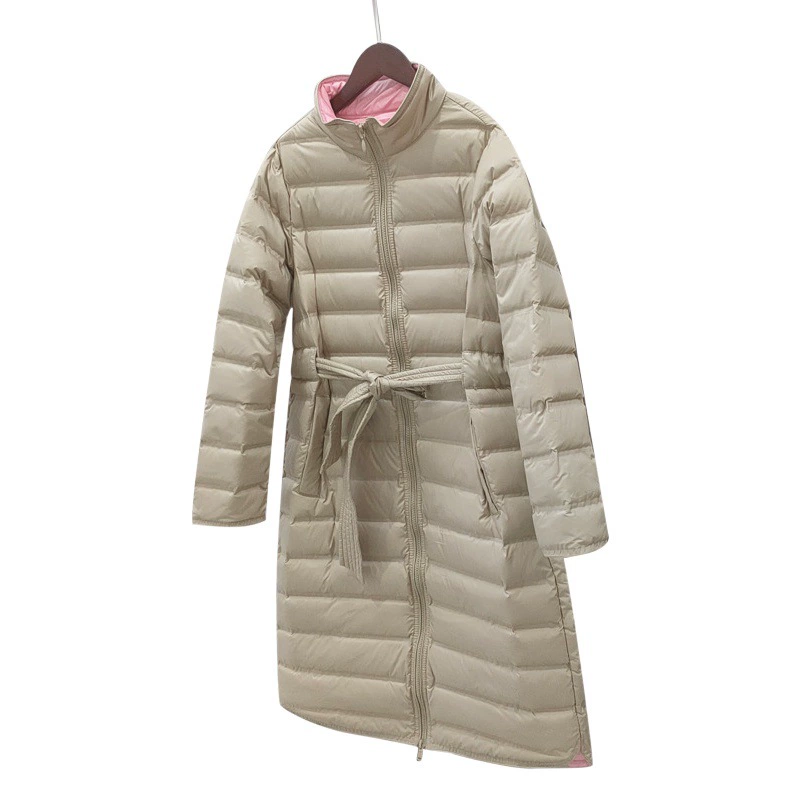 Новый Зимний пуховик женский легкий длинный выше колена с воротником-стойкой, приталенное Модное теплое пальто контрастных цветов больших размеров с талией