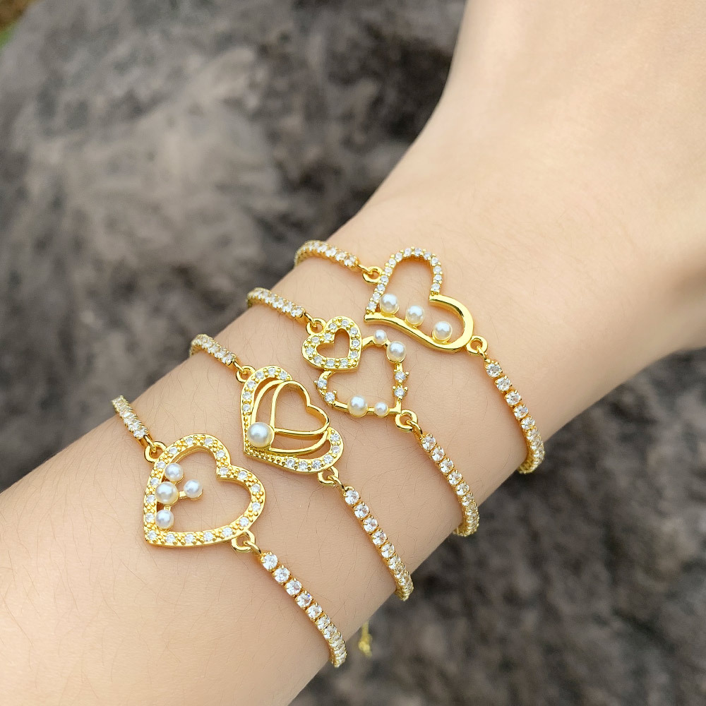 Fashion Heart Shape Copper Inlay Artificial Pearls Zircon Bracelets 1 Piece