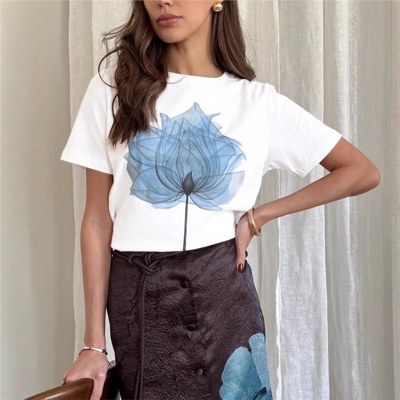 Shein Ozone Summer Women's Fresh Style Artistic Floral Pattern Printed Comfortable and Versatile T-Shirt for Women