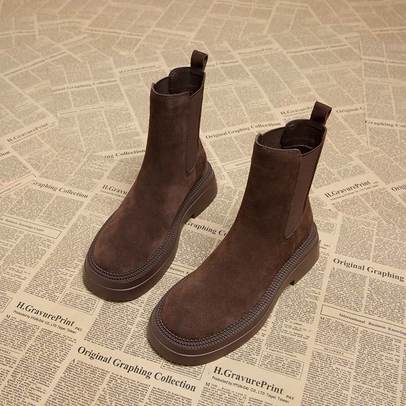 2025秋冬新款英伦风磨砂皮复古切尔西靴女厚底黑色时尚百搭短靴子