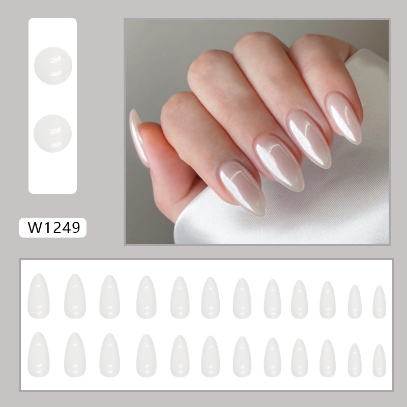 Aurora Moonlight Almond Modischer Flash-Instagram-Stil, künstlicher Nagel, weiße Fritillaria mit 24 Nägeln_voghion.com