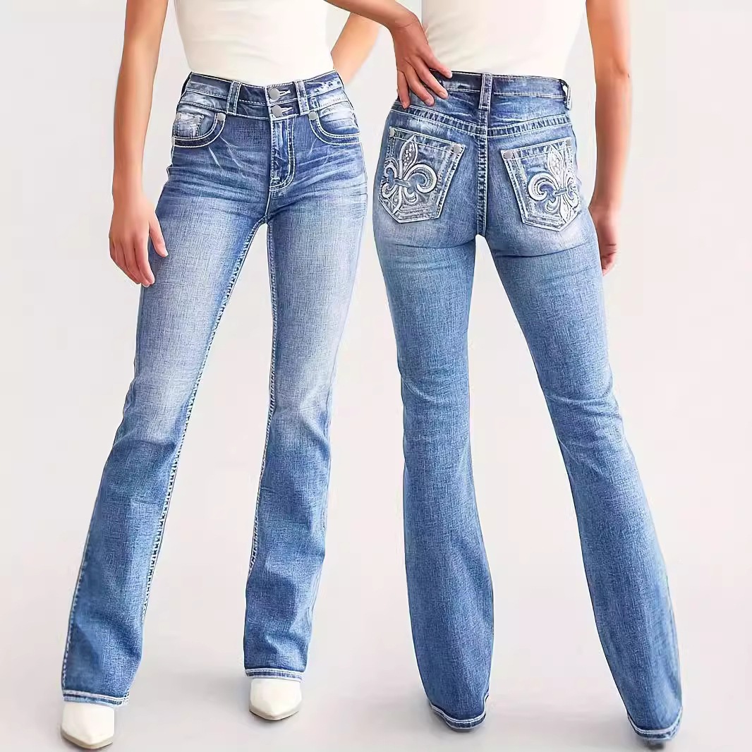 Jeans Rectos Bordados para Mujer, Mezclilla de Algodón, Cintura Alta, Alta Elasticidad image 1