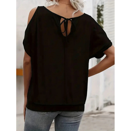 2025 Shoulder-Strap New Korean Version Summer Stylish Design Regular Small Hollow Short-Sleeve Top with Large Round Collar