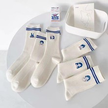 双针条纹袜子女组合装双针棉袜纯棉中筒袜日系学院风长筒堆堆袜