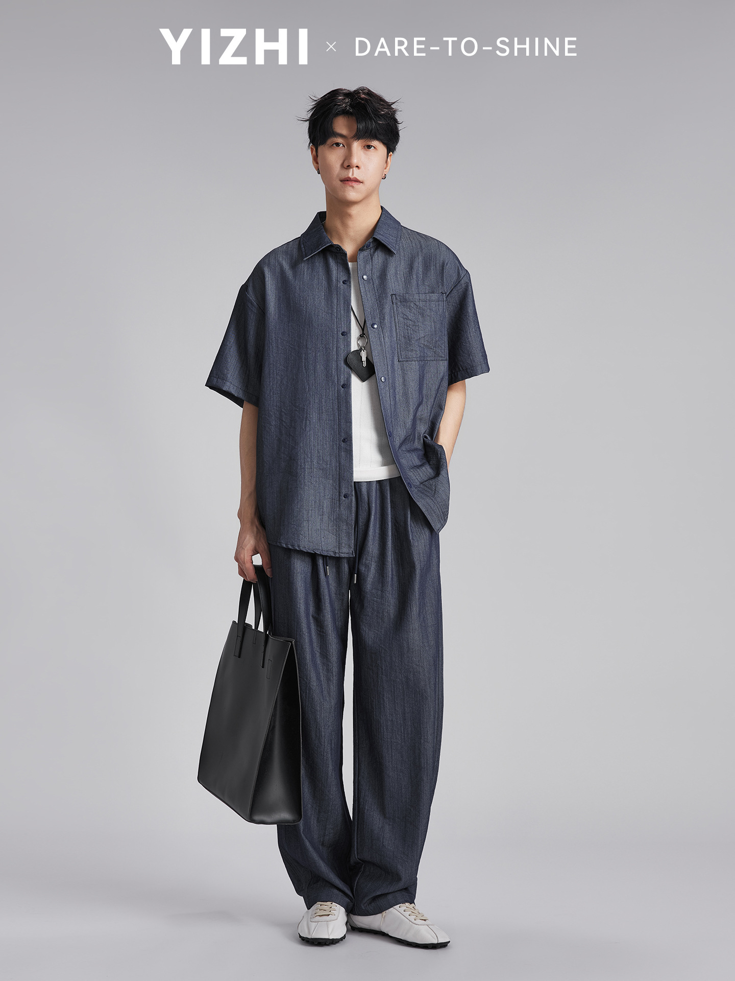 Bộ đồ thể thao nam phong cách denim giả, áo sơ mi dài tay phối quần ống rộng — Tây Tạng màu xanh - quần dài