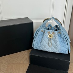 小香25丹寧カウボーイ浅青菱格チェーンバッグHobo引き紐バケツバッグ腋の下トートシングル肩レディースバッグ