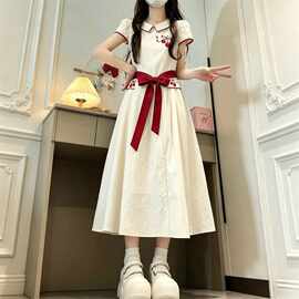 少女甜美2026夏季新款樱桃刺绣连衣裙初高中学生收腰学院风中长裙