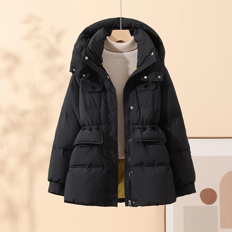 连帽小个子白鸭绒羽绒服女2025冬季新款时尚束腰白鸭绒多口袋外套|undefined
