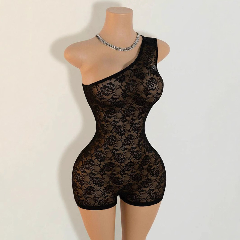Spot European Style Cross-Border Independent Station See-Through Lace Music Festival Oblique Shoulder Tight Jumpsuit