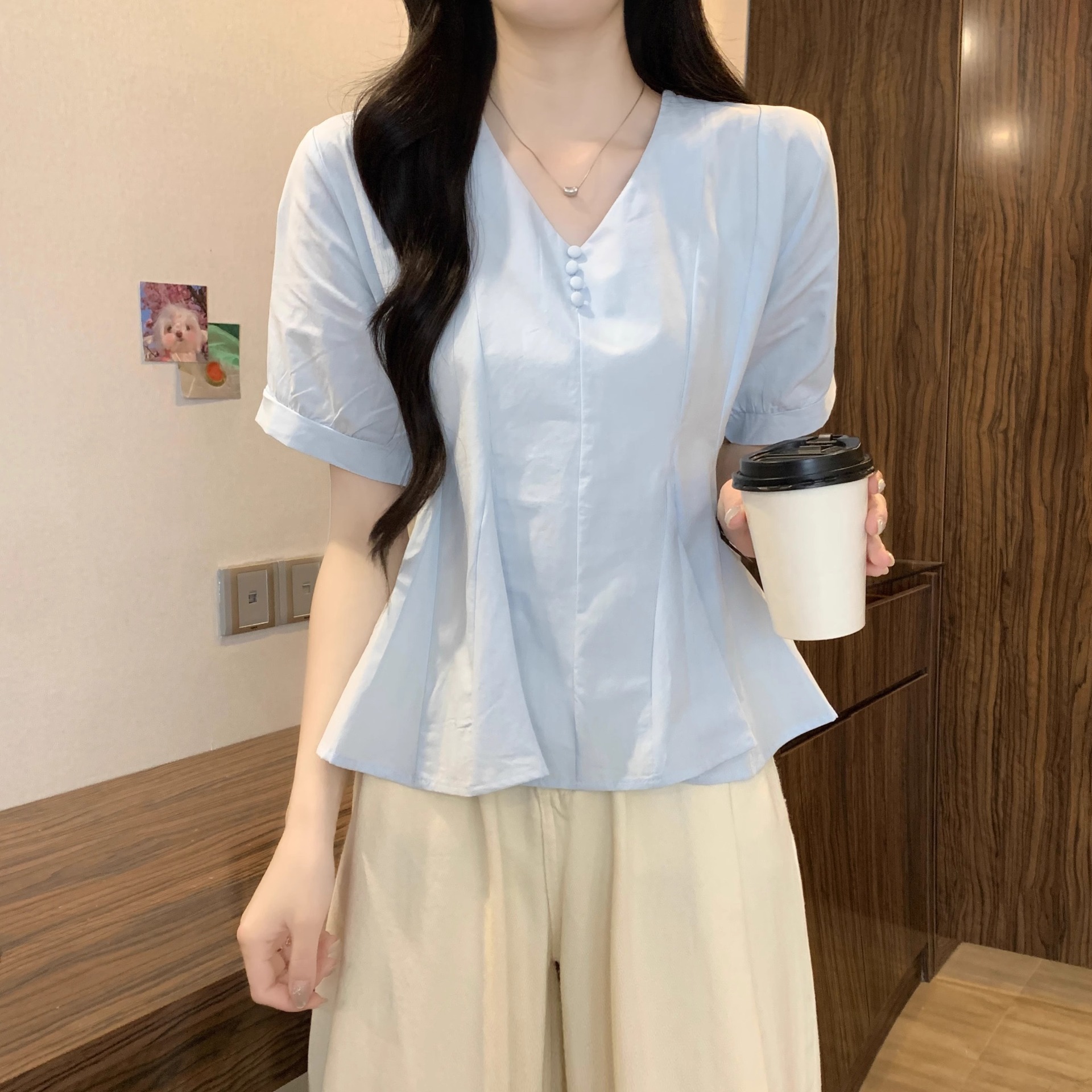 Áo sơ mi nữ cỡ lớn tay ngắn màu xanh lam dáng suông che khuyết điểm — Màu xanh lam chi tiết 11